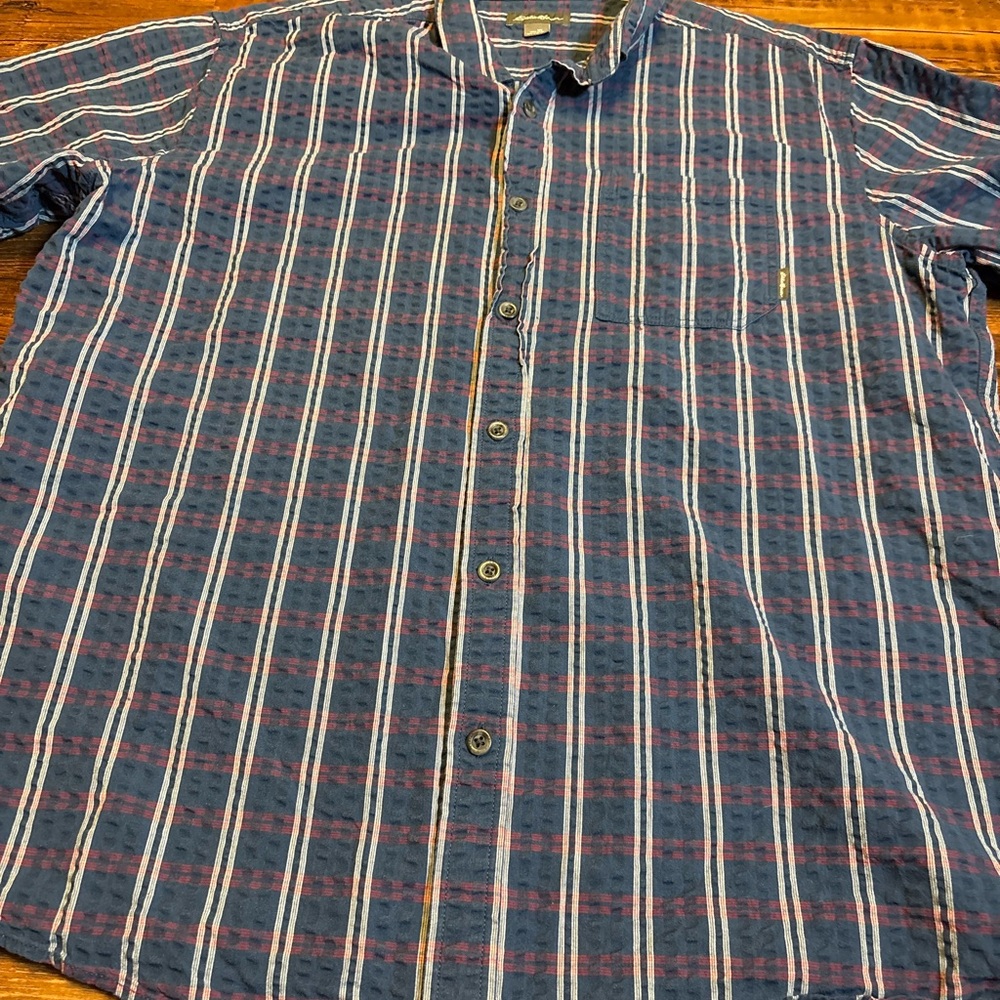 Eddie Bauer Navy and Red Plaid Button Down Shirt